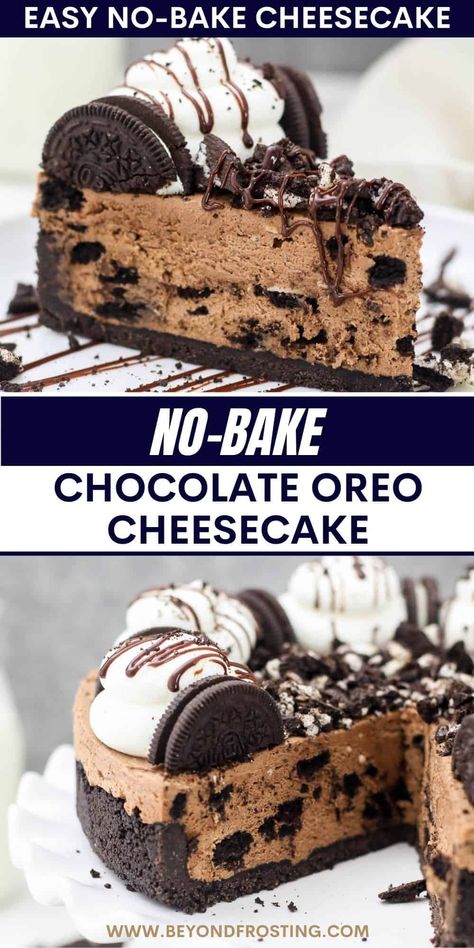 If you love no-bake cheesecakes, you have to try this mouthwatering No-Bake Chocolate Oreo Cheesecake. The Oreo crust is filled with no-bake chocolate cheesecake that’s loaded with Oreo cookies. If you love Oreo cheesecake, try this recipe! No Bake Chocolate Cookie Cheesecake, Good Party Desserts, Keto Oreo Cheesecake, Oreo Fudge Cheesecake, No Bake Chocolate Cheesecake Pie, Cheesecake Ideas No Bake, No Bake Chocolate Recipes, No Bake Chocolate Cheesecake Recipes, Oreo No Bake Cheesecake