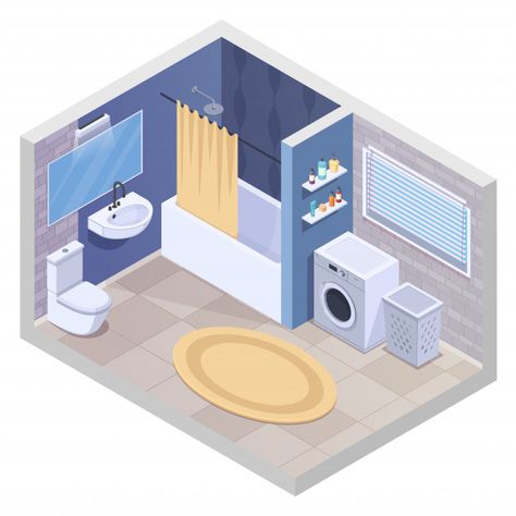 Isometric Bathroom, Isometric Interior, Interior Design Vector, Towel Dryer, Isometric Room, 달력 디자인, Isometric Drawing, Washroom Design, Doll House Plans