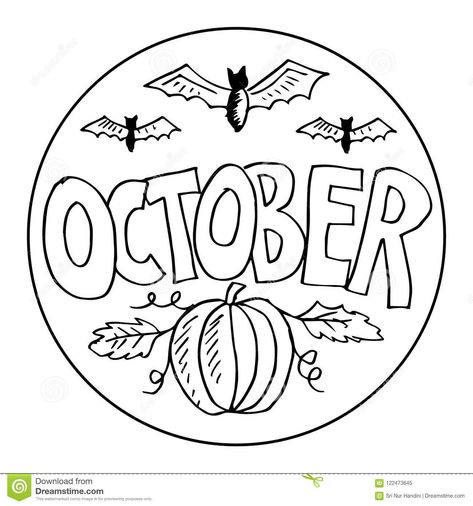 Illustration about October Coloring Pages for Kids. Hand drawing illustration. Illustration of graphic, adult, line - 122473645 October Colouring Pages, October Coloring Pages, October Pictures, Halloween Coloring Pages For Kids, Pictures To Color, School Coloring Pages, Halloween Coloring Book, October Halloween, Fall Coloring Pages