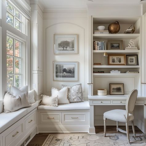 An all neutral, color drenched office makes me swoon 😍 Designing an office space, and I went straight to AI to start. Some requirements for this space: • Neutral and monochrome • Calming • Built in shelving • A seating area (or many!) • A fireplace statement Follow @sentenachouseinteriors for more interior design inspo Arizona Interior Designer, Interior Designer Phoenix, Home Remodel #homerenovation #bathroomrenovation #interiordesign Window Seat In Office, Window Seat With Bookshelves Built Ins, Window Seat In Office Built Ins, Diy Built In Bookcase With Window Seat, Library Room Window Seat, Window Seat With Desk And Bookshelf, Windowseat Bookcase, Arizona Interiors, Built In Shelving