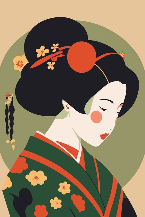 Japanese Geisha Drawing, Portrait Japanese, Geisha Drawing, Geisha Illustration, Japanese Culture Art, Book Illustration Layout, Japanese Pop Art, Background Retro, Japan Illustration