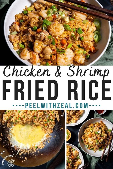 Skip the takeout and prepare this delectable shrimp and chicken fried rice at home! Succulent chicken and shrimp, combined with vegetables, scrambled eggs, and fried rice, create a savory and effortless weeknight dinner that the entire family will adore. This easy Chinese food recipe is a guaranteed crowd-pleaser. Shrimp Chicken Fried Rice, Chicken Fried Rice Recipe Chinese, Chicken And Shrimp Fried Rice, Chinese Shrimp Fried Rice, Combination Fried Rice, Easy Chinese Food, Fried Rice At Home, Prawn Fried Rice, Shrimp And Chicken