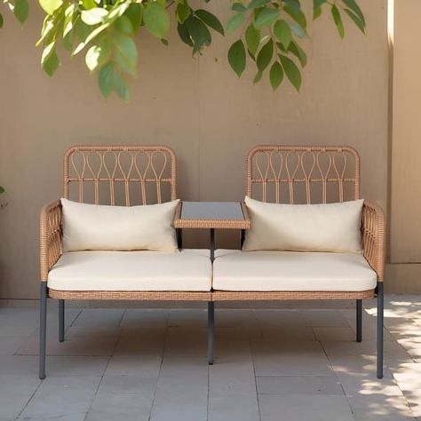 Outdoor Woven Rattan Loveseat Conversation Furniture Set with Cushions - Bed Bath & Beyond - 37165355 Conversation Furniture, Cushions Bed, Rattan Loveseat, Wicker Loveseat, Small Terrace, Patio Loveseat, Outdoor Loveseat, Balcony Furniture, Woven Rattan