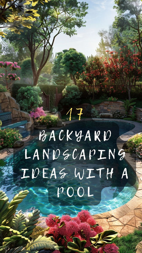 Create your own backyard oasis! 🌴🏊‍♂️ Click to see 17 stunning pool landscaping ideas that transform your outdoor space into a paradise. #BackyardPool #LandscapingIdeas #OutdoorOasis #PoolDesigns #GardenParadise Tropical Pool Landscaping Backyard, Garden Pool Design Landscaping, Backyard Design With Pool And Fire Pit, Pool Desert Landscaping, Outdoor Pool Landscaping Ideas, Pool Landscaping Florida, Small Backyard With Pool And Fire Pit, Zen Pool Ideas, Backyard With Pool Ideas Landscapes