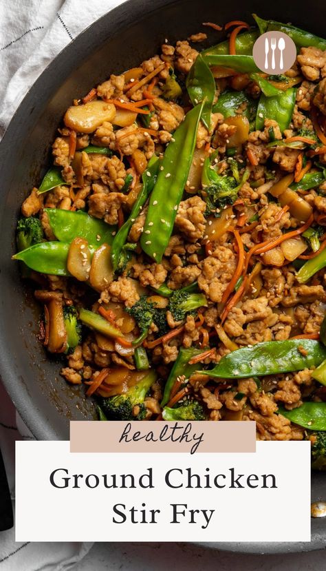 Healthy weeknight dinners don't have to be boring. And with its savory sauce, crisp vegetables and tender ground chicken, this Ground Chicken Stir Fry proves it. This delicious dish is low calorie, low fat, high protein and ready in no time. Ground Chicken Mushroom Recipes, Ground Chicken Whole 30 Recipes, Low Fat Stir Fry Recipes, Ground Chicken Stir Fry Recipes, Low Calorie Recipes With Chicken, Ground Turkey Recipes High Protein, Dinner Ideas With Ground Chicken, Low Calorie Ground Chicken Recipes, Ground Chicken And Vegetables Recipes