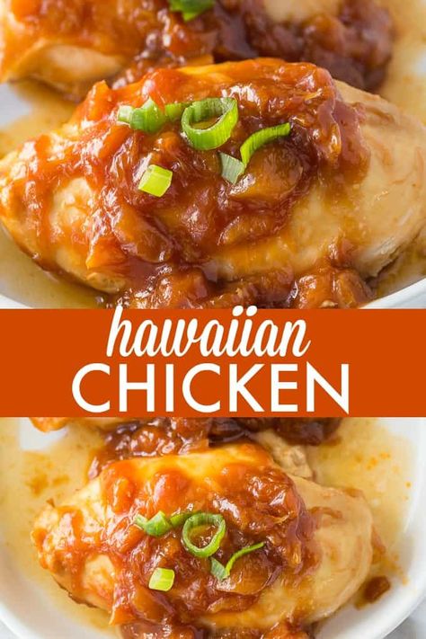 Hawaiian Chicken - This sweet and savory chicken recipe is an easy family dinner. Top these boneless chicken breasts with ketchup, brown sugar, and, of course, pineapple for a delicious family meal. Sweet Hawaiian Crockpot Chicken Recipe, Hawaiian Chicken Recipes, Meat Meals, Meal Options, Delicious Family Meals, Weekday Dinner, Hawaiian Chicken, Pineapple Recipes, Savory Chicken