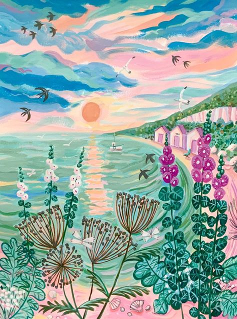 Sunset Seascape, Floral Landscape, Sea Landscape, Sky Artwork, Coastal Painting, Acrylic Painting On Paper, Art Folder, Impressionism Art, Paintings Prints