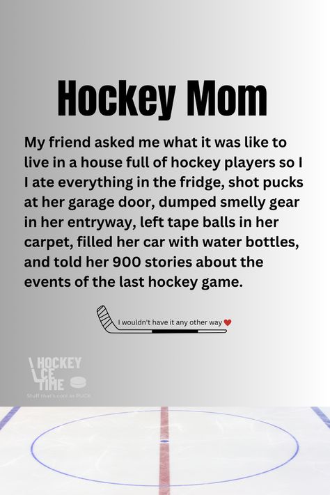 Hockey moms I know you can relate. But I would't have it any other way. Right?🏒❤️ National Hockey Mom Day, Hockey Mom Quotes, Hockey Quotes Funny, Hockey Mom Quote, Hockey Players Funny, Hockey Quotes, Hockey Sweatshirts, Hockey Humor, Hockey Stuff