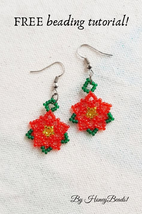 Seed Bead Pokemon, Christmas Beaded Earrings Free Pattern, Christmas Seed Bead Earrings Patterns, Beaded Christmas Earrings Diy, Free Seed Bead Patterns, Holiday Beading Free Pattern, Seed Bead Christmas Earrings, Seed Bead Tutorial For Beginners, Free Beading Patterns