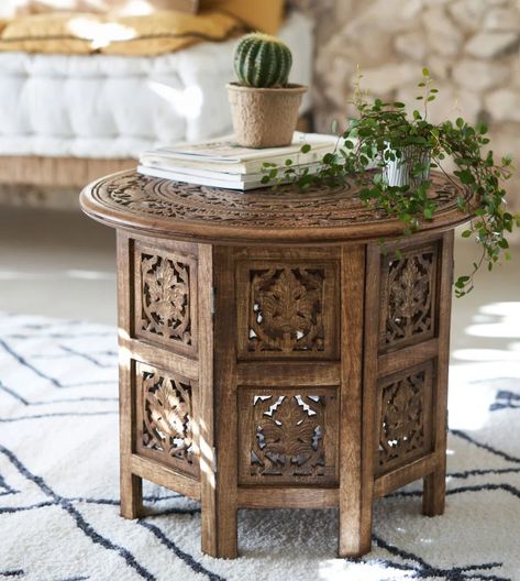 Brown carved mango wood side table TAZAA | Maisons du Monde Burnt Wood Finish, Accent Coffee Table, Antique Coffee Tables, Pedestal Coffee Table, Wood Accent Table, Boho Furniture, Wooden Side Table, Wood Pedestal, Rustic Coffee Tables