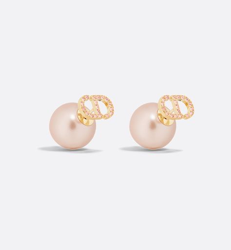 Dior Tribales Earrings Gold-Finish Metal with Iridescent Pink Resin Pearls and Pink Crystals | DIOR Ny Shopping, Dior Pearl Earrings, Dior Jewellery, Shuffle Cutouts, Resin Pearl, Dior Earrings, Luxe Jewelry, Jeweled Earrings, Dior Jewelry