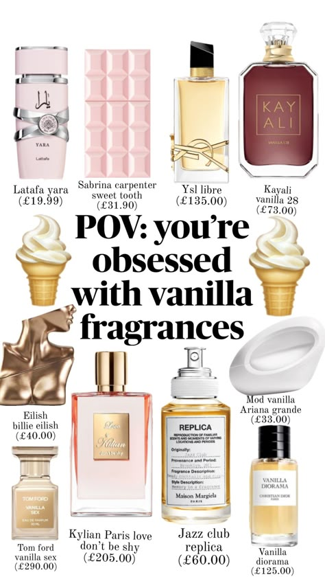 Vanilla fragrances #vanilla #vanillafragrance #perfume Best Vanilla Scent Combo, Rich Vanilla Perfume, Cashmere Vanilla Perfume, Vanilla And Dreamy Perfume, Vanilla Smell Perfume, Hair Perfume Vanilla, Vanilla Perfume Recommendation, Vanilla Notes Perfume, Vanilla Almond Perfume