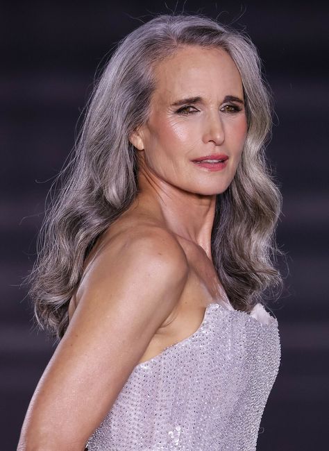 Andie MacDowell, 66, Rocks the Runway in a Marvelous Gown, Sparking Heated Buzz Andie Macdowell Gray Hair, Andie Mcdowell, Styling Portfolio, Mauve Lips, Andie Macdowell, Gorgeous Gray Hair, Authentic Beauty, Natural Gray Hair, Long Leather Coat