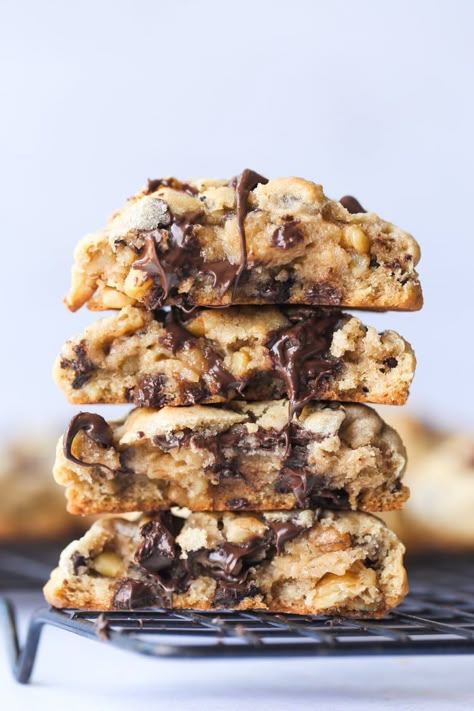 Chocolate Chip Walnut Cookies and How To Make The THICKEST Cookies! Levain Cookies, Chocolate Chip Walnut Cookies, Pumpkin Rolls Recipe, Ultimate Chocolate Chip Cookie, Gooey Chocolate Chip Cookies, Levain Bakery, Baking Inspiration, Walnut Cookies, Chewy Chocolate Chip