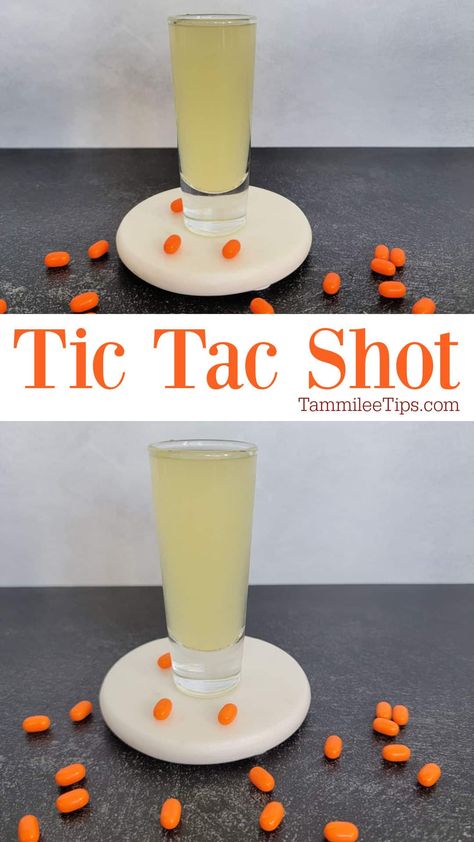 Easy Orange Tic Tac Shot Recipe that tastes like candy! The perfect fun vodka cocktail shot for parties. So easy to make. Video and photos Taaka Vodka Recipes, Fruity Shots, Easy Shot Recipes, Camp Party, Peach Vodka, Citrus Vodka, Perfect Dinner Party, Orange Vodka, Cocktail Shots