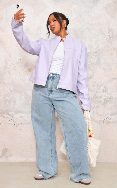 Set major trends with white plus lilac PU racer neck jacket. Brought to you in a lilac PU material with a racer neck design, bringing all the edge to any outfit of the day. This jacket is perfect for those day to night looks and beyond, what are you waiting for ? Shop the look and pair it with your fave jeans and accessories, it's a definite yes from us. Length approx 55cm/21.5inch (Based on a sample size UK 16) Model wears size UK 16/ EU 44/ AUS 16/ US 12Model Height - 5ft 2inchp]:!mb-0inch>Category: OuterwearProduct type: JacketColour: LilacSleeves: LongOccasion: Day Lavender Jacket Outfit, Lilac Jacket Outfit, Crop Jacket Outfit, Cropped Jacket Outfit, Lavender Jacket, Jacket Outfit, Fashion Styling, Doll Shop, Shop The Look