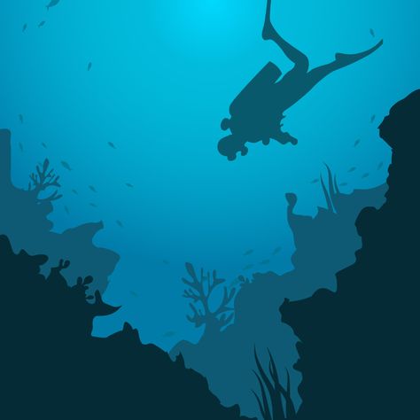 Scuba Diving Painting, Scuba Diving Drawing, Scuba Diver Illustration, Scuba Diving Illustration, Scuba Diver Art, Dive Aesthetic, Scuba Diving Art, Diving Illustration, Sea Silhouette