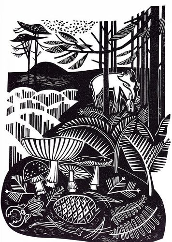 Autumn Heath, by Clare Curtis, printmaking, lino, relief, print, nature, mushroom, woodland, forest, linocut, deer, illustration Forest Linocut, Linocut Nature, Relief Printmaking, Lino Cuts, Deer Illustration, Linocut Printmaking, Lino Prints, Relief Printing, Lino Cut