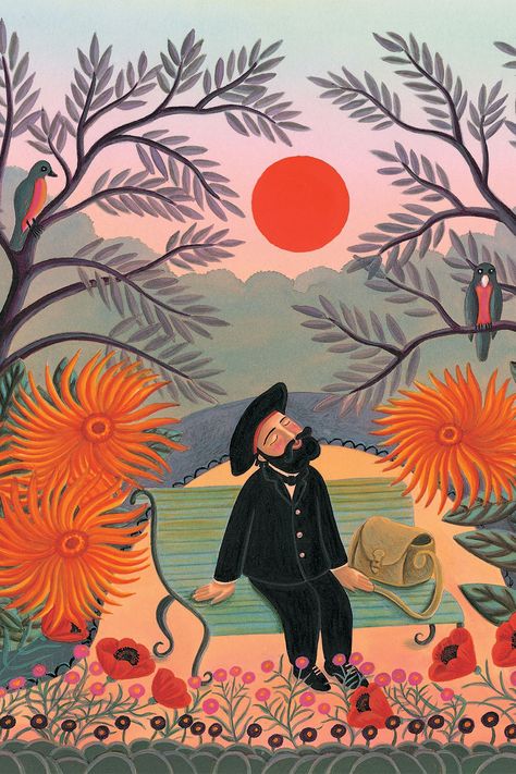 This is one of my illustrations from the picture book The Fantastic Jungles of Henri Rousseau, about the life and paintings of this unique, magical painter and his moving struggle for recognition. Henri Rousseau Jungle, Henry Rousseau, Rousseau Paintings, Henri Rousseau Paintings, Rousseau Art, Books Website, Park Illustration, Jungle Painting, Naïve Artist