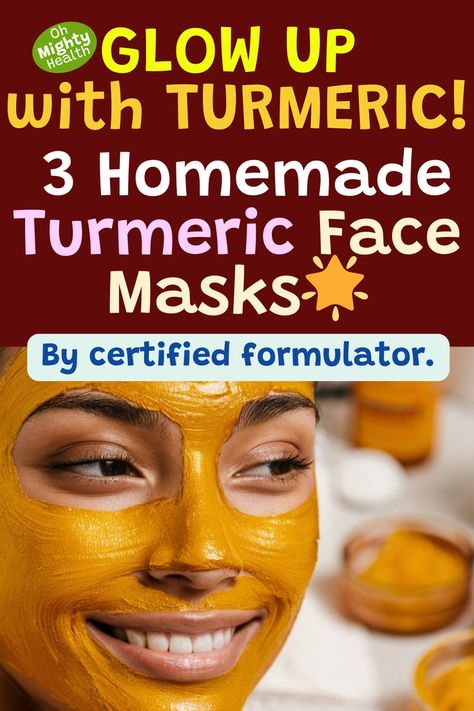 Lady with turmeric face mask. Text reads: Glow up with turmeric! 3 homemade turmeric face masks. Diy Skincare Routine, Face Masks For Glowing Skin, Masks For Glowing Skin, Glowing Skin Skincare, Diy Turmeric Face Mask, Acne Hyperpigmentation, Turmeric Mask, Brightening Face Mask, Turmeric Face Mask