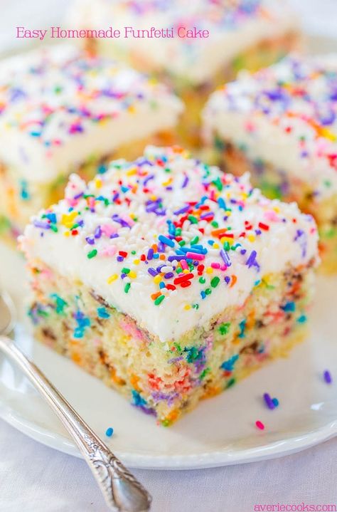 Easy Homemade Funfetti Cake - Move over storebought cake mix!! This easy cake only takes minutes to make and tastes wayyyy better!! Confetti Sheet Cake Birthday, Funfetti Sheet Cake Recipe, Small Funfetti Cake, Homemade Funfetti Cake, Funfetti Cake Recipe, Funfetti Cake Mix, Birthday Sheet Cakes, Confetti Cake, Vanilla Buttercream Frosting