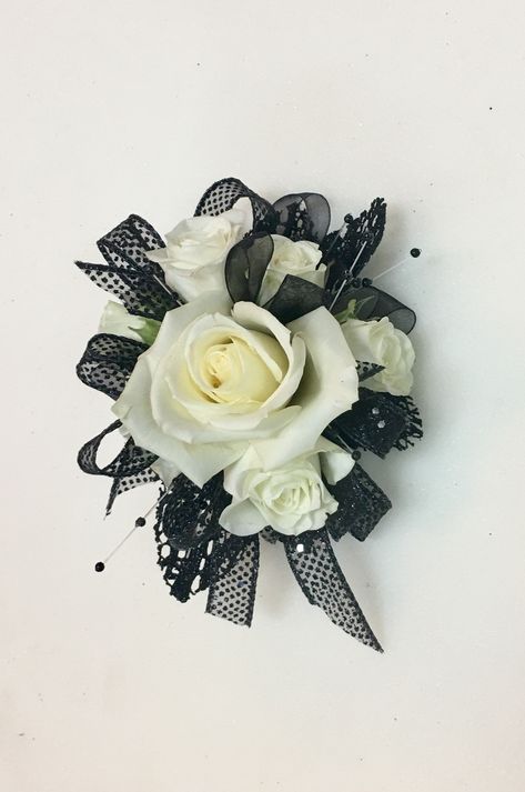 Black and white corsage #persnicketytoo Hoco Corsage For Black Dress, White Flower Black Ribbon Corsage, Black And White Prom Corsage, Black And White Corsage And Boutonniere, Corsage For Black Dress, Black Corsage Prom, Corsage Black And White, Black And White Corsage, Formal Corsage