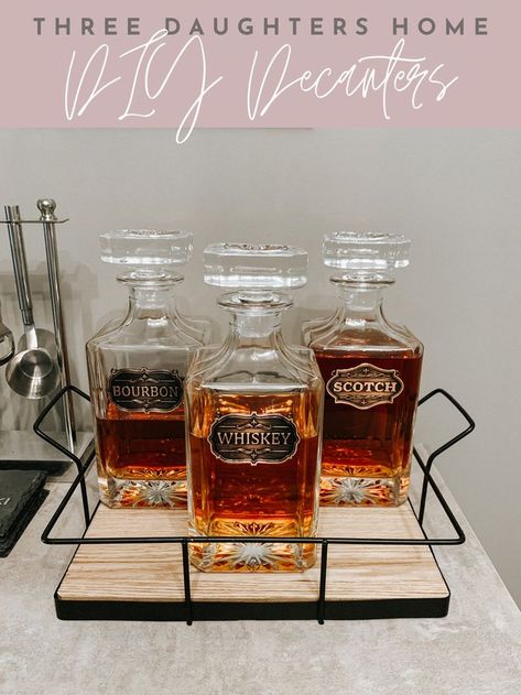 DIY home bar liquor decanters - picture links to blog post on how to make, with links. Diy Decanter Labels, Decanters Display Ideas, Liquor Decanter Display, Decanter Display Bar, Decanter Ideas, Decanter Display, Decanter Tags, Pantry Decor, Decanter Labels