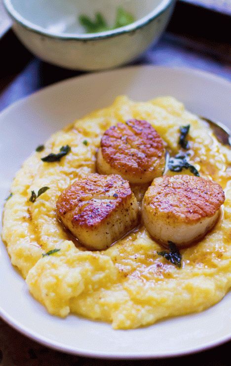 Quickly seared scallops with italian herb brown butter sauce. Topped over creamy polenta. Recipe on www.thegourmetgourmand.com Brown Butter Scallops, Butter Scallops, Cornmeal Recipes, Polenta Recipe, Scallop Dishes, Brown Butter Sauce, Polenta Recipes, Seared Scallops, Creamy Polenta