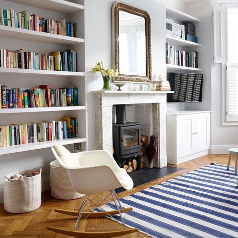 Modern living room with blue striped rug | Ideal Home Blue Striped Rug, Modern Living Room Ideas, Victorian Living Room, Living Modern, Living Room Shelves, Living Room Diy, Striped Rug, Living Room Pictures, New Living Room