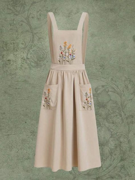 Fairycore Floral Embroidery Pocket Front Overall Dress | SHEIN USA Backless Dress Casual, Boho Prom, Business Formal Dress, 자수 디자인, Pinafore Dress, Overall Dress, Ruched Dress, Floral Embroidery, Women Clothes Sale