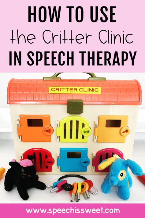 Using Critter Clinic toy in speech therapy - Critter Clinic makes the perfect tool for play-based speech and language therapy because it's designed to elicit so much language! In this blog post, I share the various speech and language skills you can target with this toy. Save this for reference later! | Speech is Sweet Ei Speech Therapy, Pre K Speech Therapy Activities, Early Language Activities Speech Therapy, Speech Therapy Clinic Design, Play Based Speech Therapy, Preschool Speech And Language Activities, Play Based Speech Therapy Activities, Critter Clinic Speech Therapy, Preschool Speech Therapy Activities