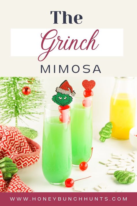 How To Make Grinch Mimosas, Mr Grinch Drink, Grinch Champagne Drink, Grinch Christmas Drink Holiday Cocktails, Grinch Alcholic Drink, Grinch Champagne, Christmas Cocktails Grinch, Christmas Mimosas Champagne, Winter Mimosa Recipe