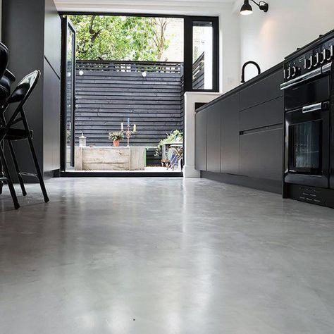 Flooring Ides Concrete Concrete Kitchen Floor, Micro Concrete, Epoxy Resin Flooring, Concrete Tile Floor, Smooth Concrete, Concrete Stained Floors, Concrete Kitchen, Cement Floor, Kitchen Installation