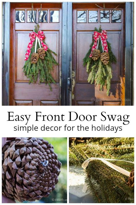 How To Make A Wreath With Pine Branches, Pine Cone Swag, Diy Door Wreaths Christmas, Diy Christmas Swag, Holiday Pine Cones, Christmas Door Swag, Homemade Wreath, Door Decor Christmas, Pinecone Crafts Kids