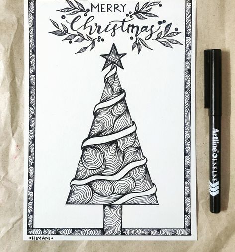 Christmas Card Zentangle, Zentangle Christmas Tree Ideas, Christmas Tree Zentangle Patterns, Mandala Christmas Cards, Zentangle Christmas Cards Ideas, Zentangle Christmas Tree, Sigil Painting, Christmas Card Drawing Ideas Hand Drawn, Zentangle Christmas Cards