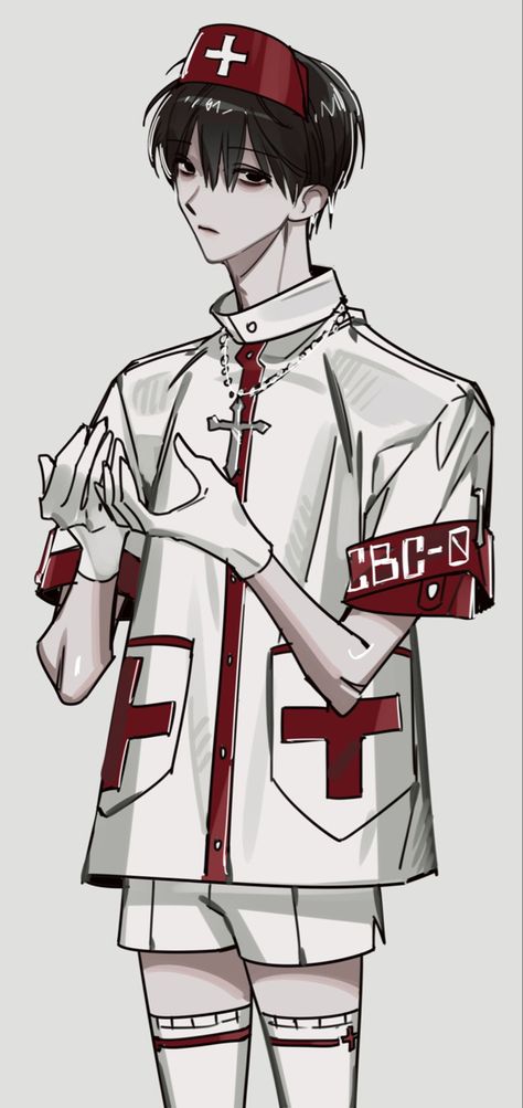 Japanese Nurse Outfit, Doctor Reference Pose, Nurse Hat Drawing, Male Nurse Character Design, Nurse Outfit Drawing, Nurse Oc Art, Nurse Pose Reference, Male Nurse Uniform, Nurse Character Design