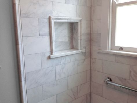 Hexagon Floor Bathroom, Crown Molding Bathroom, Marble Molding, Carrara Bathroom, Marble Chair, Marble Subway Tile, Carrara Tiles, Hexagon Floor, Chair Rail Molding