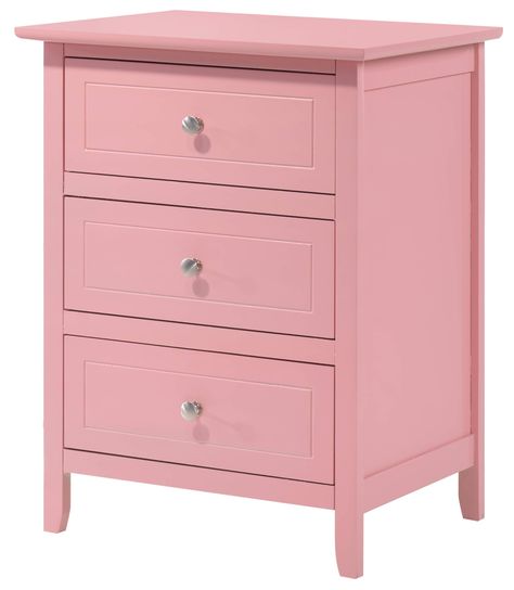 PRICES MAY VARY. Finish: Pink Fully Assembled Wood Solids /Veneers and Manuf Wood Nickel Hardware Dove Tailed Drawers Pink Night Stand, Nightstand Drawers, Pink Nightstands, Bedroom Nightstand, Contemporary Nightstand, Wooden Nightstand, 3 Drawer Nightstand, Nickel Hardware, End Tables With Storage