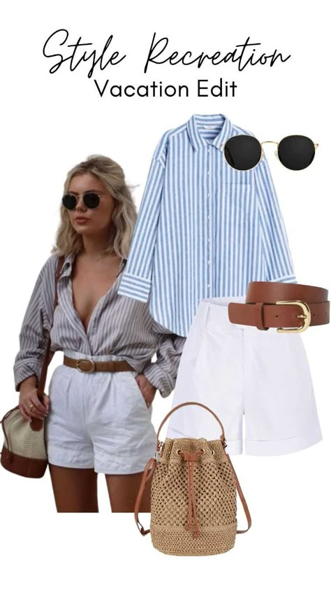 Summer Striped Shirt, Striped Shirt With Shorts, Blue Shirt And Shorts Outfit, White Shorts Blue Shirt Outfit, Blue And White Vacation Outfits, Brown Belt Summer Outfit, Summer Belt Outfit, Women Striped Shirt Outfit, Blue Stripped Shirt Women Outfit Summer