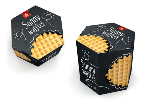 Sunny Waffles on Packaging of the World - Creative Package Design Gallery Foodtrucks Ideas, Hexagon Box, Honey Packaging, Waffle Cookies, Cookie Packaging, Food Packaging Design, Packaging Labels Design, Snack Box, Packaging Boxes