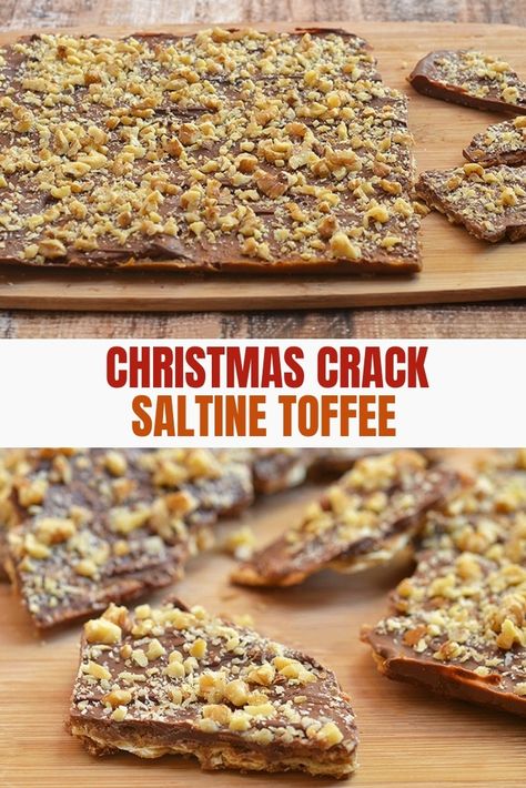 Christmas Crack made with crackers, chocolate, toffee, and walnuts. Crunchy, buttery, and seriously addicting, this saltine toffee bark is the ultimate holiday sweet treat and makes great holiday gifts. Saltine Cracker Toffee, Saltine Cracker, Saltine Toffee, Cracker Toffee, Toffee Recipe, Toffee Cookies, Christmas Candy Recipes, Bark Recipe, Chocolate Toffee