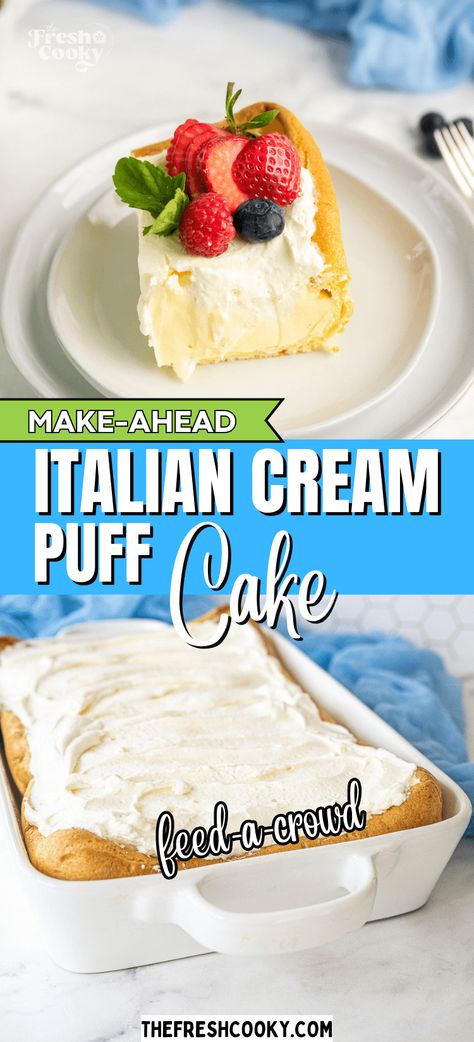 Who needs Cool Whip when you have our amazing Italian Cream Puff Cake recipe? With a delectable pastry shell and a creamy, Italian cream filling, this dessert is sure to impress even the most discerning palates. This recipe is great for holidays and special occasions when you need to feed a crowd. Get the recipe now! Recipe via @thefreshcooky #creampuffcake #largedessert Cream Puff Cake With Puff Pastry, Cream Cheese Instant Pudding Desserts, Easy Cream Puff Cake, Cream Puff Dessert Recipe, Cream Puff Cake Recipe Easy, Cream Filled Desserts, Cream Puff Cake Recipe, Vanilla Pudding Cake Recipe, Desserts With Whipped Cream