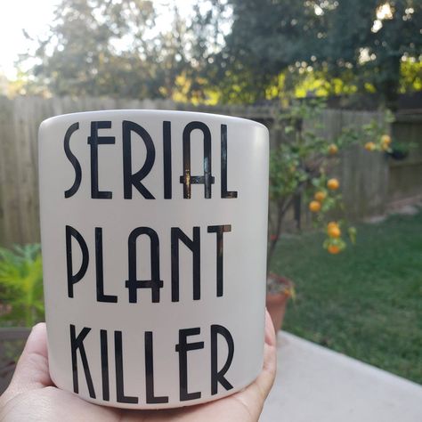 Ceramic Funny Almost 4 Inch Planter With Drain Hole. No Plant. We All Know A Person Who Is Or Can Be A Serial Plant Killer. The Lettering Is Permanent Vinyl. I Will Also Give You A Extra Vinyl Decal You Can Use On A Cup Or Another Planter. Would Make A Nice Gift. Is There Any Other Saying You Would Like To See On A Planter. Let Me Know! Gift Succulent Cacti Cactus Plant Planter Ceramic Funny Planter Sayings, Funny Plant Pots, Funny Plant Quotes, Funny Plant Sayings, Plant Pot Ideas, Cricut Cups, Plant Pot Design, Planter Ceramic, Painted Flower Pots