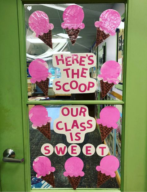 Ice cream door decoration. Infant classroom. Art project. Summer door. July Door Decorations Classroom, Daycare Window Ideas, Ice Cream Door Decorations Classroom, Ice Cream Bulletin Board Ideas Preschool, June Door Decorations Classroom, Ice Cream Cone Classroom Door Decoration, Ice Cream Cone Door Decoration, Summer Door Decorations Classroom Infant, Classroom Window Decorations