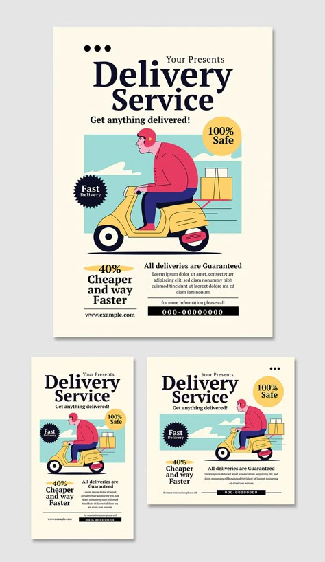 Food Delivery Service Flyer + Instagram Post and Story Templates PSD, AI Service Advertisement Poster, Online Ads Design, Delivery Instagram Post, Emailer Design Inspiration, Ad Flyer Design, Home Delivery Poster, Free Delivery Poster, Story Ads Design, Food Delivery Poster