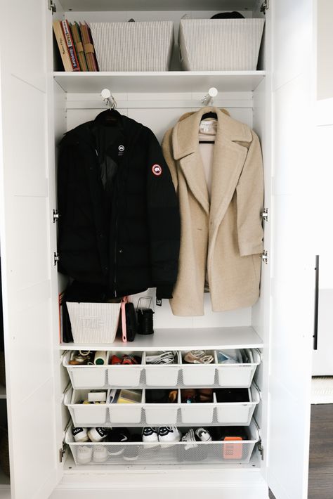 Shallow Closet Ideas, Hall Closet Organization Ideas, Entry Closet Ideas, Entry Closet Organization, Hall Closet Organization, Coat Closet Ideas, Coat Cupboard, Front Hall Closet, Organizing Walk In Closet