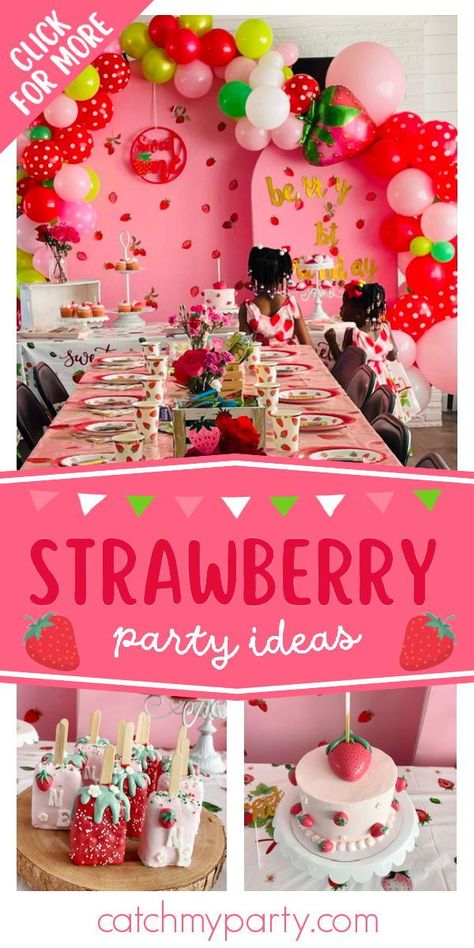 Don't miss this cute Strawberry-themed 1st birthday party! The party food is so sweet! See more party ideas and share yours at CatchMyParty.com Strawberry Party Food Ideas, Strawberry Birthday Ideas, Strawberry Birthday Party Food, Strawberry Themed Food, Berry First Birthday Food Ideas, Strawberry Party Food, Strawberry Theme First Birthday, 4th Birthday Party For Girls Theme, Strawberry Party Ideas