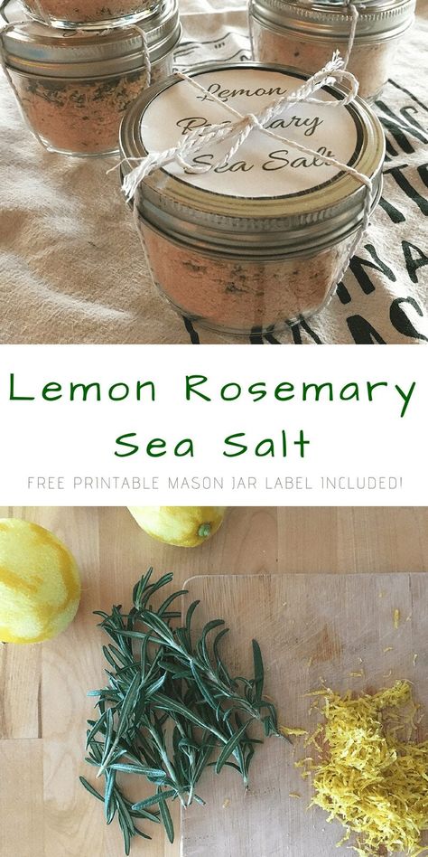 homemade lemon rosemary sea salt (printable label included!) – Fit Mama Real Food Rosemary Salt Recipe, Flavored Salts Recipes, Herb Salt Recipe, Rosemary Sea Salt, Infused Salt, Rosemary Salt, Mason Jars Labels, Homemade Spice Blends, Flavored Salts