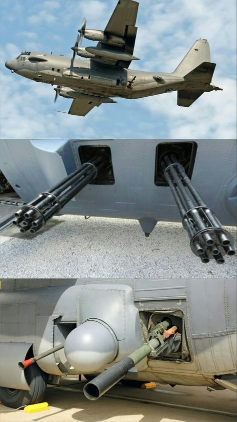 The AC-130H Spectre (Attack Cargo Plane Project II) currently retired/replaced with the J model Ghostrider.  Spectres weapons consisted of twin 20mm cannons (mid pic), one Bofors 40mm cannon and one 105mm Howitzer (bottom pic).  See the top pic, there are two black squares that used to house the 20mm cannons.  This weapon was removed due to a ricochet issue (collateral damage) reported by Special Forces on the ground, something that has never been mentioned anywhere. 105 Mm Howitzer, C130 Gunship, Bofors 40mm, Ac 130 Gunship, Cargo Plane, Ac 130, Us Military Aircraft, Collateral Damage, Top Pic