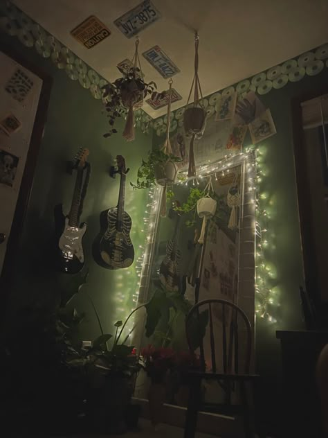 Green Painted Walls Bedroom Aesthetic, Room Green Walls Aesthetic, Sage Green Gothic Bedroom, Fake Grass Room Aesthetic, Plant Grunge Room, Green Indie Bedroom, Aesthetic Room Green Walls, Green Wall Ideas Bedroom, Army Green Room Ideas